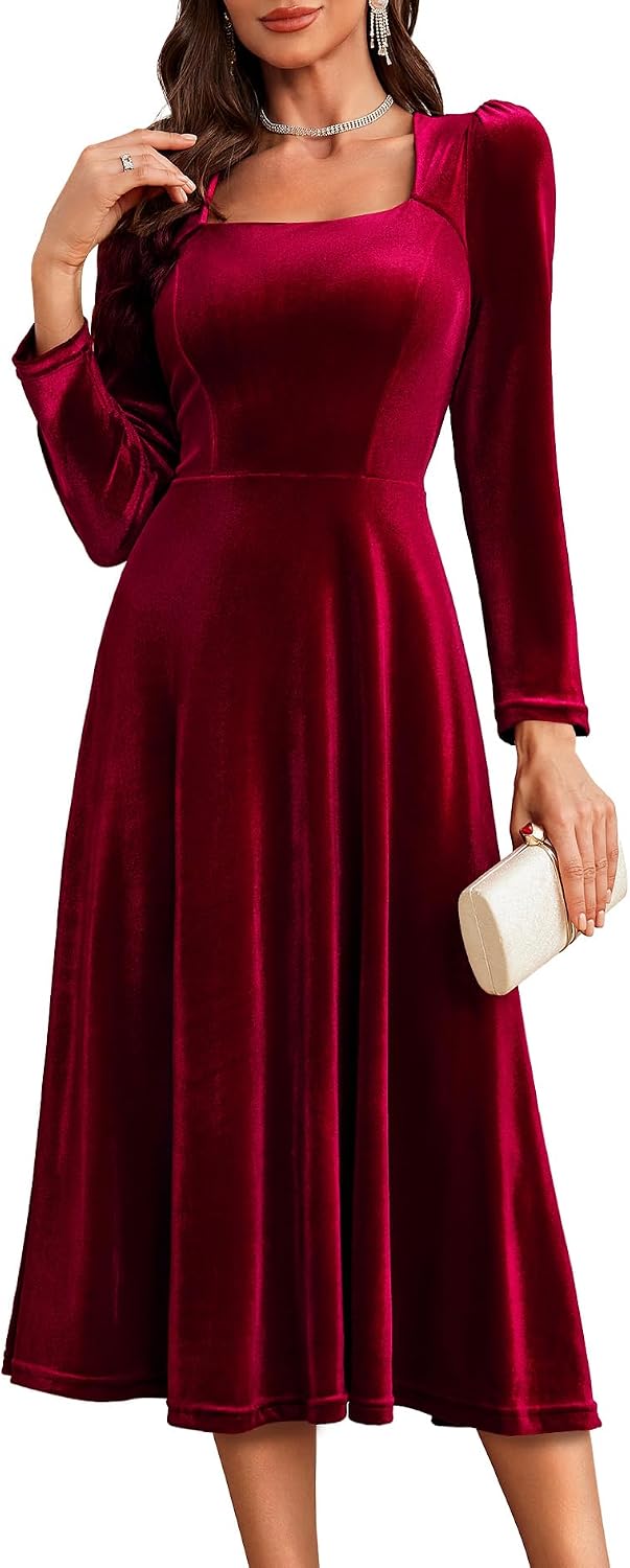 BeryLove Women Velvet Dress Cocktail Party Evening Dresses Long Sleeve Wedding Guest Formal Dresses