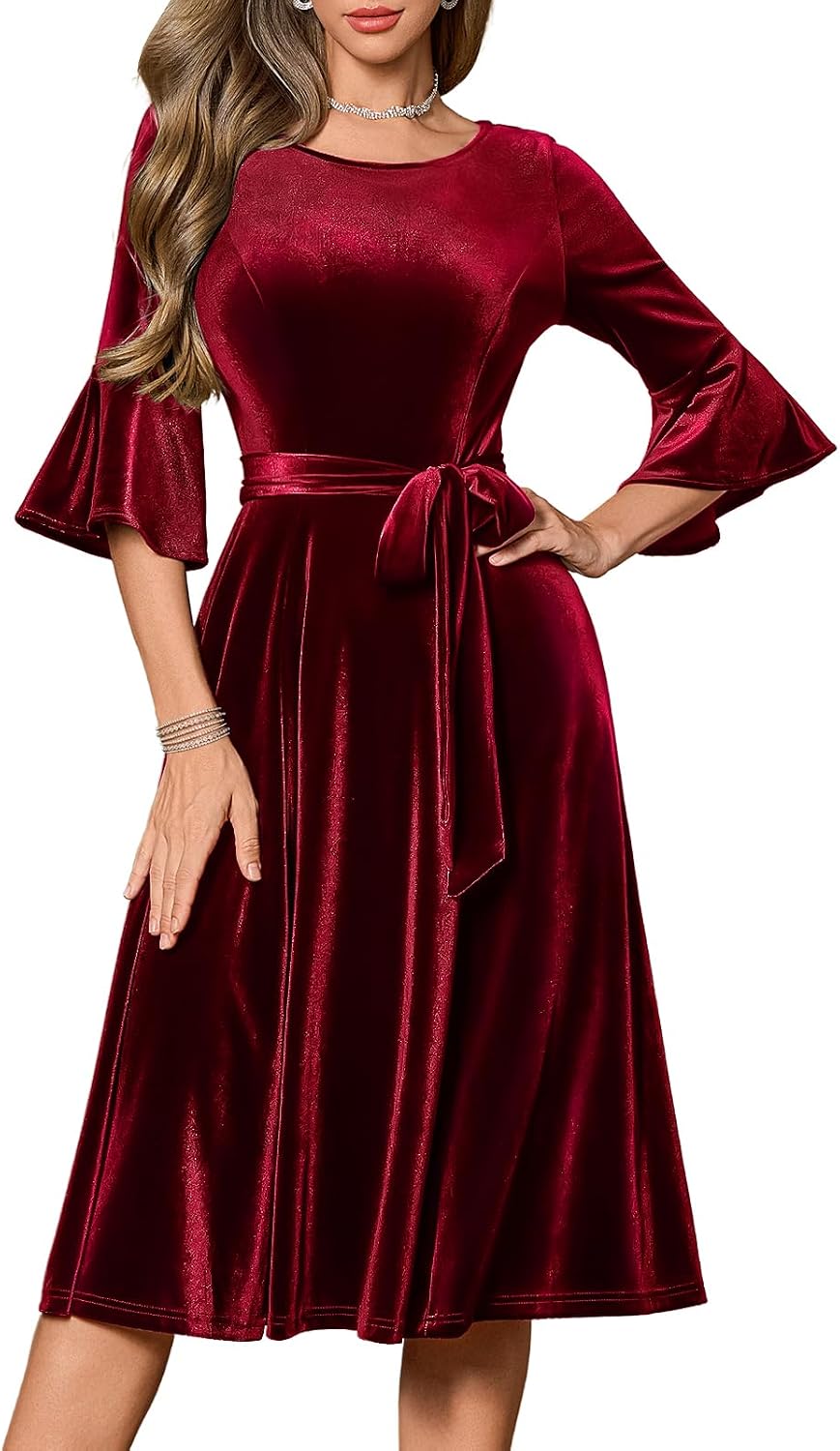 HomRain Long Sleeve Midi Velvet Dress for Women Vintage Christmas Dresses