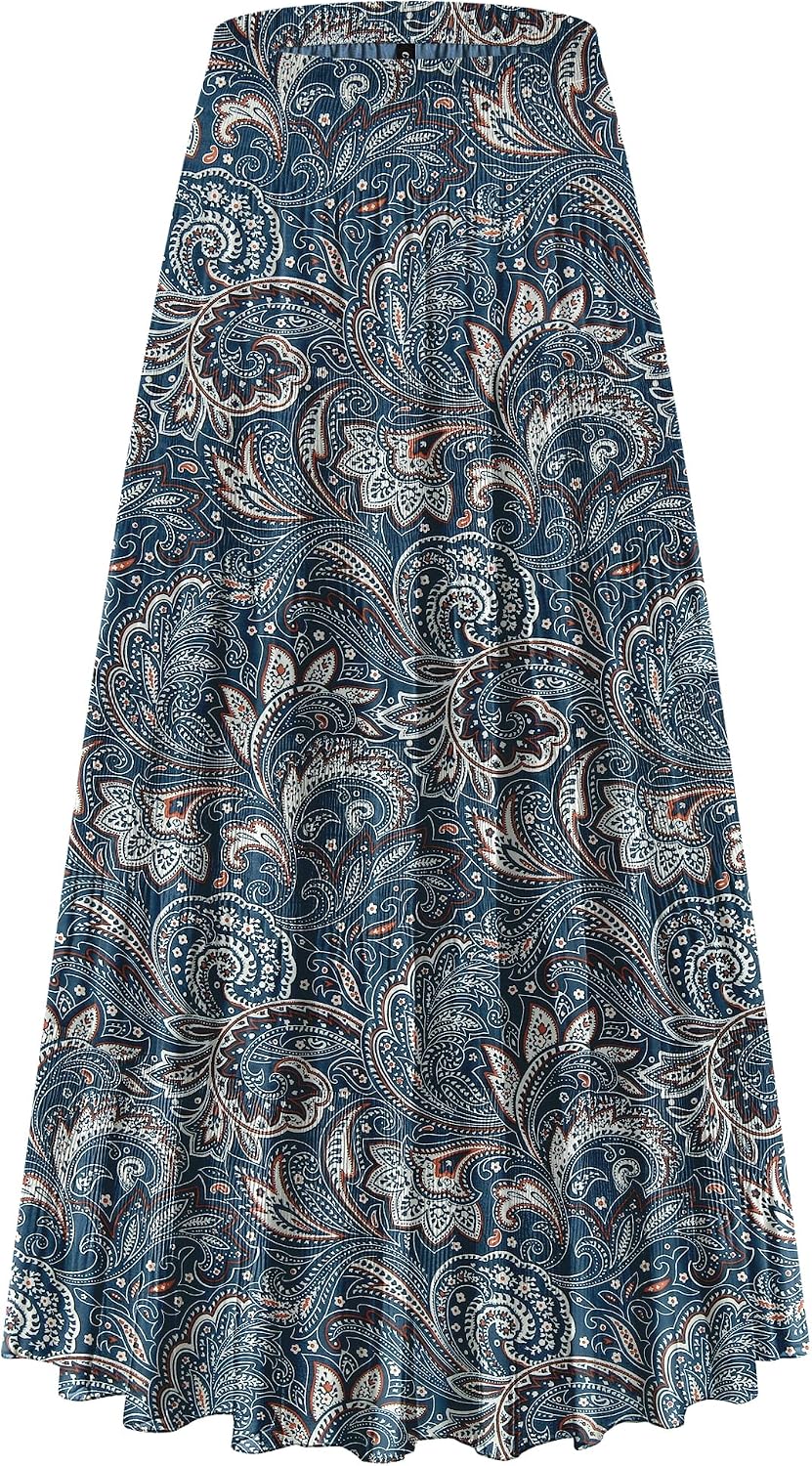 CYiNu Women's Chiffon Elastic High Waist Tiered Pleated Floral Printed A-Line Boho Long Maxi Skirts