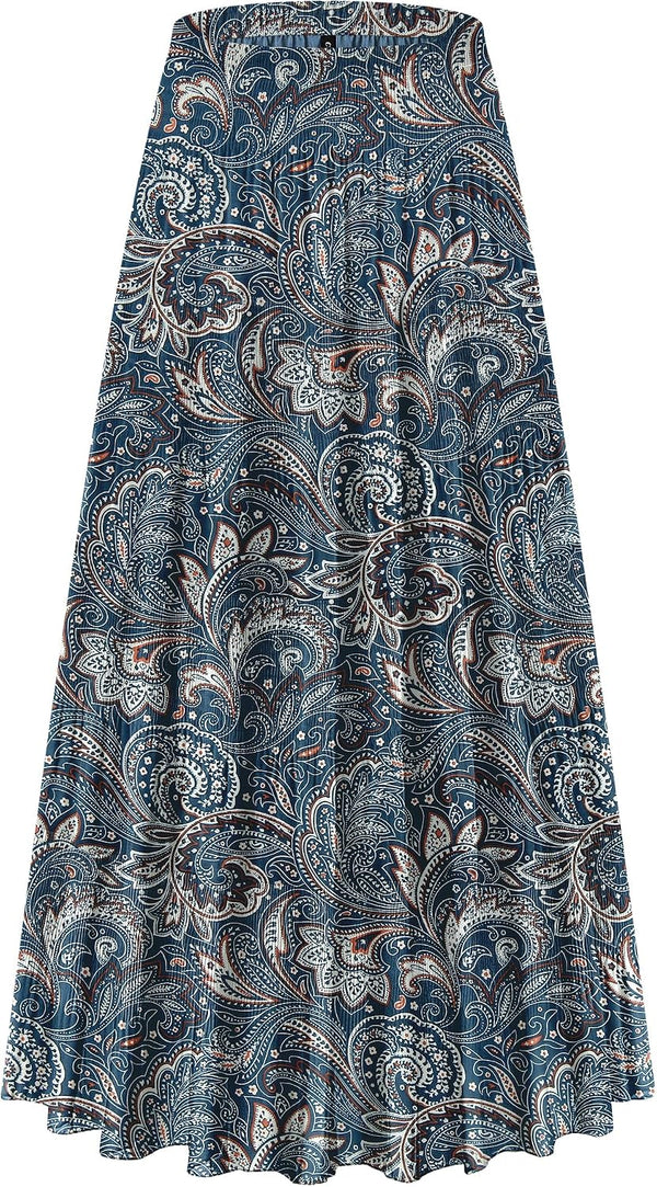 CYiNu Women's Chiffon Elastic High Waist Tiered Pleated Floral Printed A-Line Boho Long Maxi Skirts