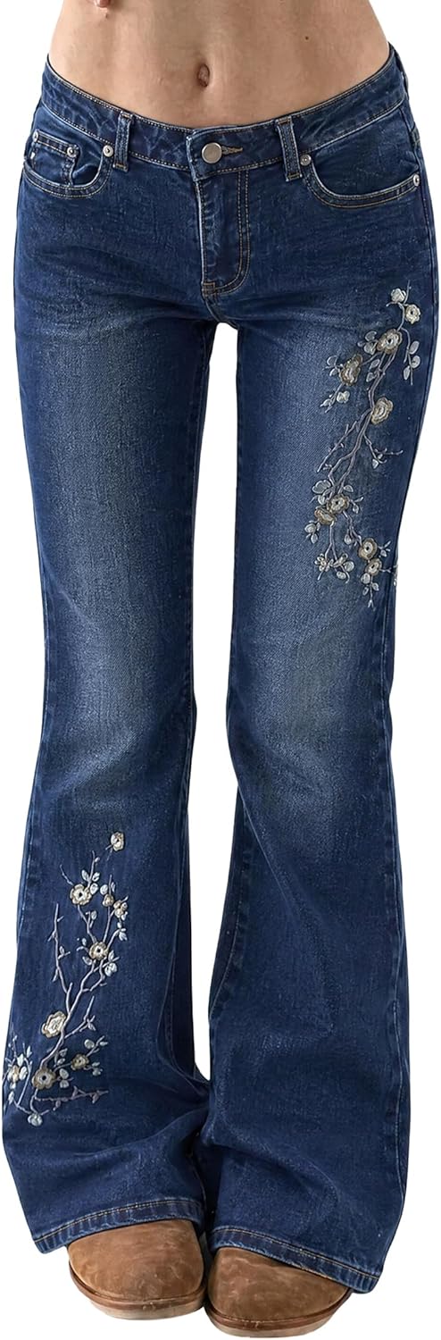 Women Bell Bottom Jeans Stretchy Flare Mid Rise Embroidery Vintage