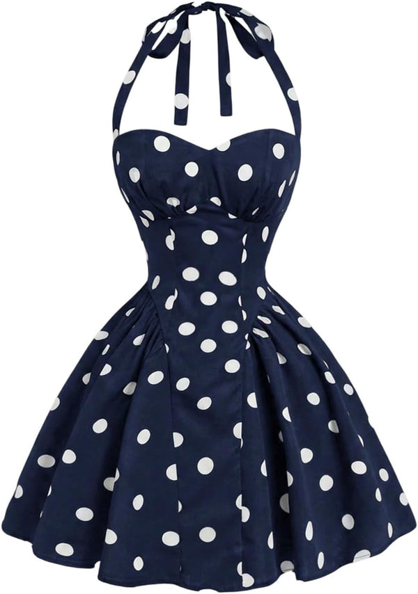 Women's Vintage 1950s Halter Neck Rockability Swing Dress Smocked Fit and Flare Sundress