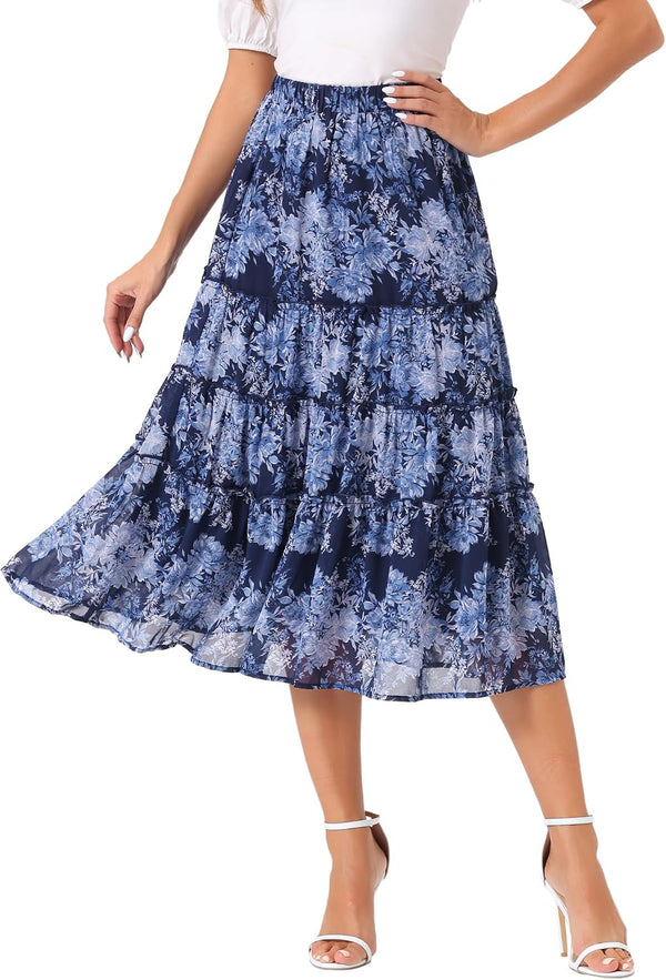 Allegra K Women's Floral Skirt Chiffon A-line Long Tiered Ruffle Maxi Skirt