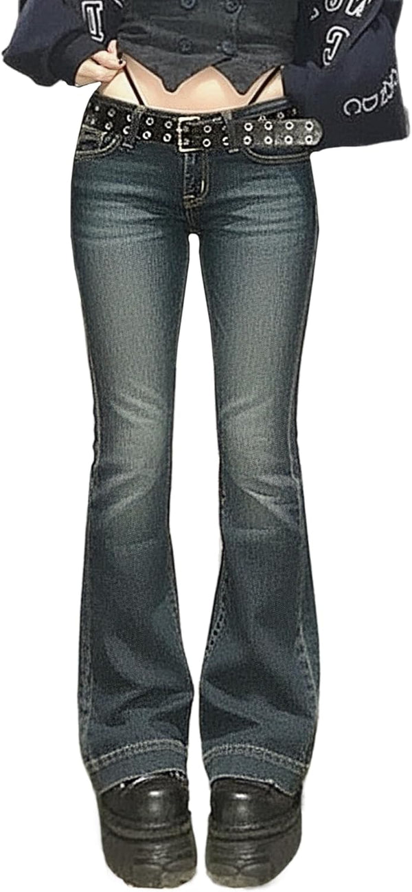 Women Bell Bottom Jeans Stretchy Flare Mid Rise Embroidery Vintage