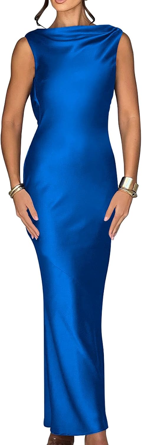 Memoriesea Women's Elegant Sleeveless High Neck Tie Cocktail Wedding Party Maxi Dress