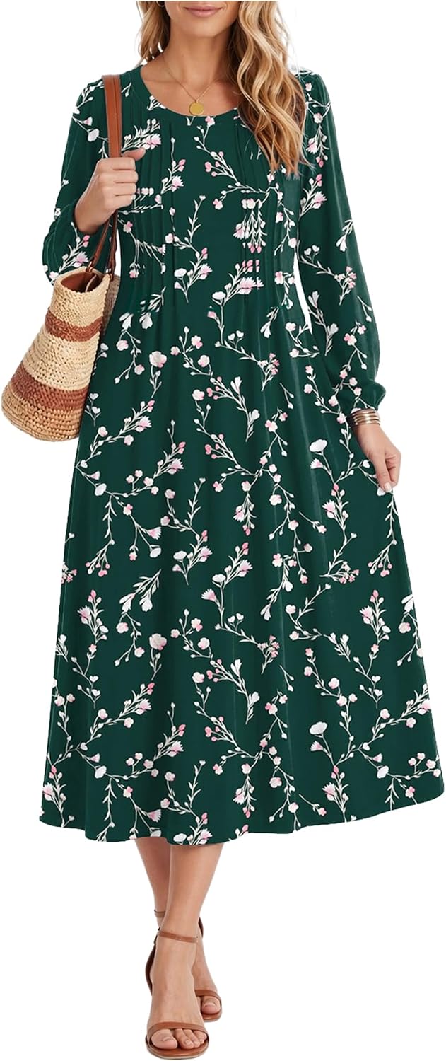 Zeagoo Fall Dresses for Women Long Sleeve Midi Dress Casual A Line Dresses 2026 Pleated Flare Dress with Pockets