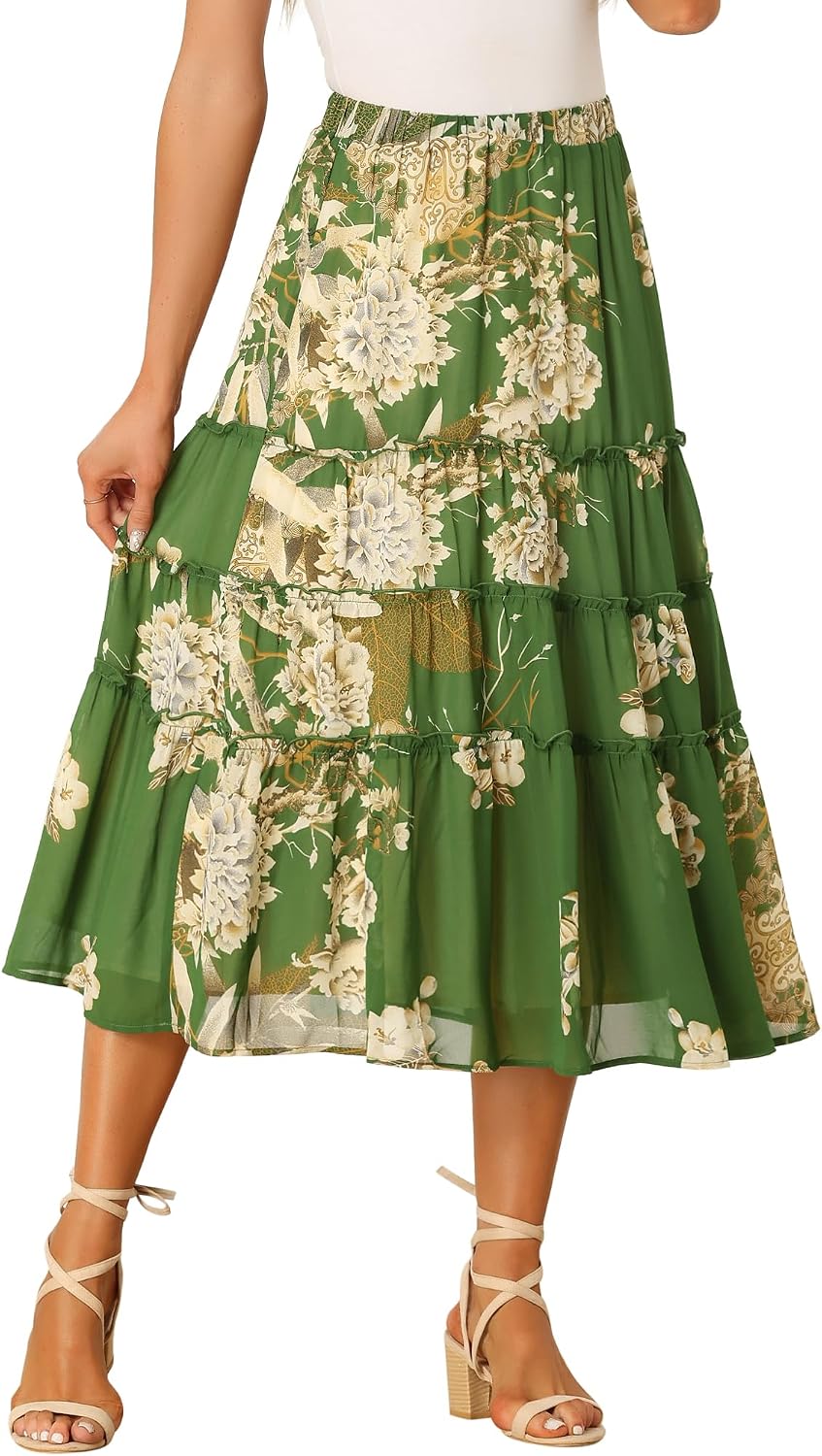 Allegra K Women's Floral Skirt Chiffon A-line Long Tiered Ruffle Maxi Skirt