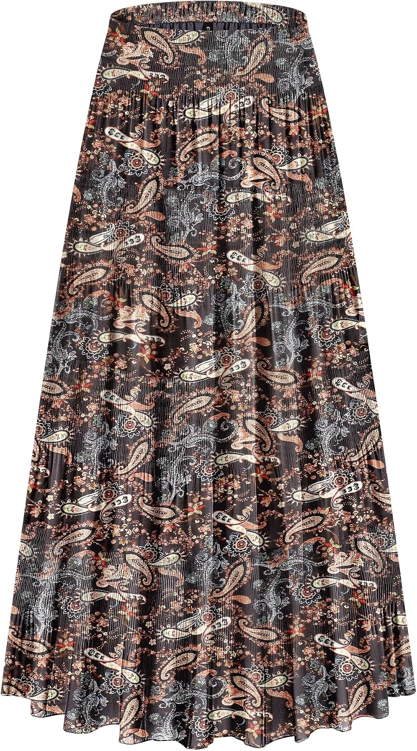 CYiNu Women's Chiffon Elastic High Waist Tiered Pleated Floral Printed A-Line Boho Long Maxi Skirts