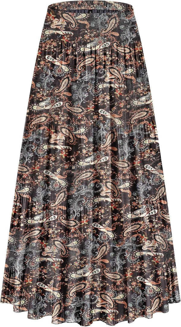CYiNu Women's Chiffon Elastic High Waist Tiered Pleated Floral Printed A-Line Boho Long Maxi Skirts