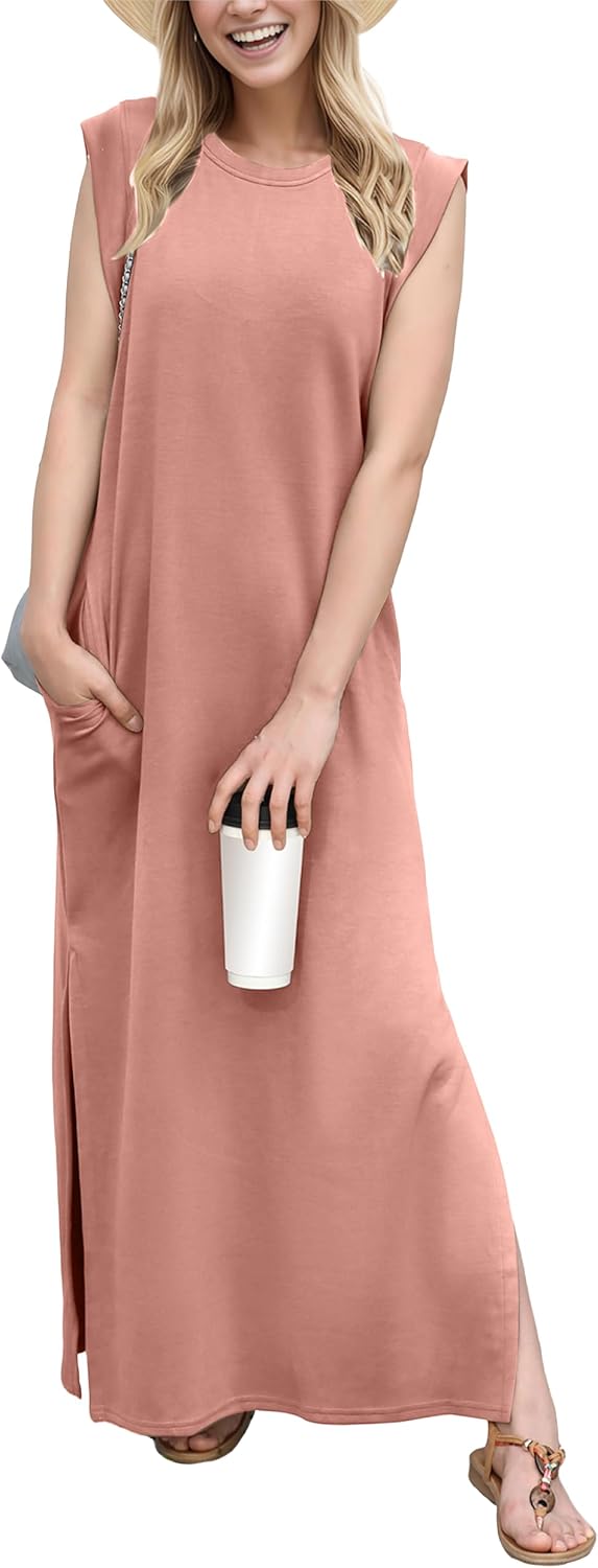 GRECERELLE 2026 Women Year-Round Casual Round Neck Loose Split Wrinkle-Free Long Maxi Vacation Dress with Pockets (XXS-4XL)