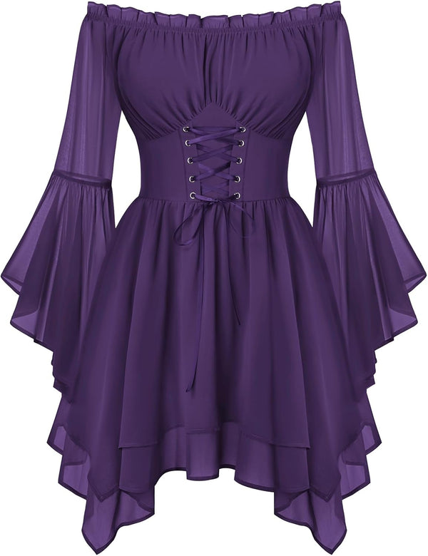 Scarlet Darkness Renaissance Costume Women Chiffon Corset Pirate Mini Dress