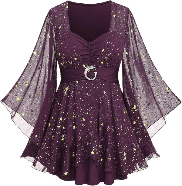 Rosegal Women Plus Size Sparkly Star Bell Sleeve Top