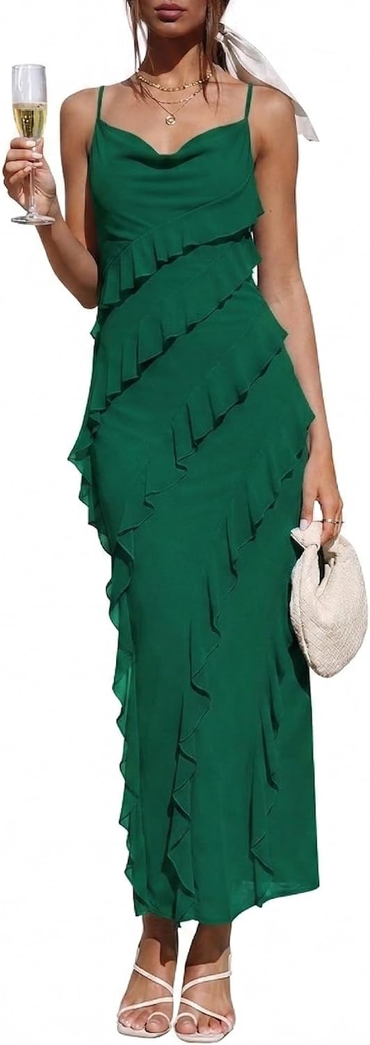 Wedding Guest Dress for Women Ruffle Spaghetti Strap Formal Dresses