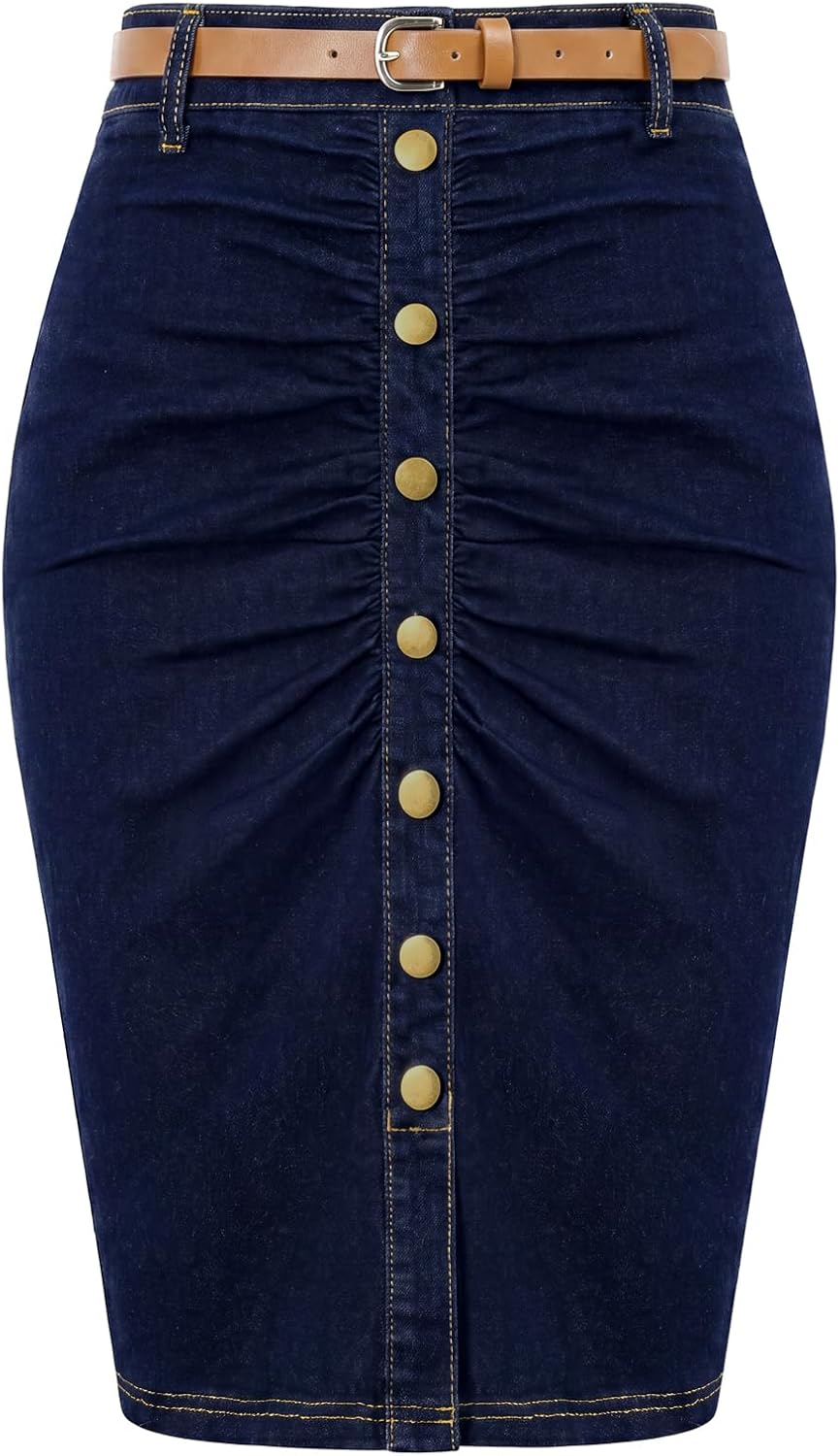 Belle Poque Denim Pencil Skirt for Women Ruched Bodycon Jeans Skirt with Belt High Waisted Pencil Skirts