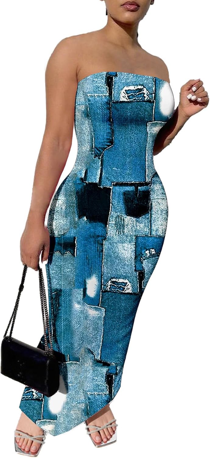PINSV Women Maxi Strapless Dress Bodycon Tube Dresses