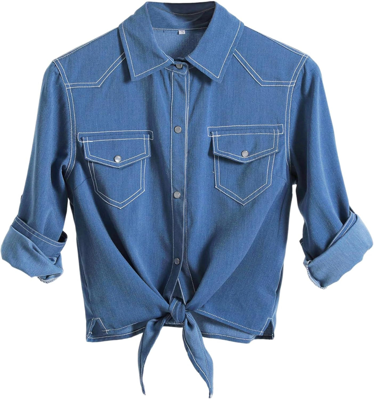 Womens Crop Modern Denim Top Tie Knot Shirt Chambray Cardigan