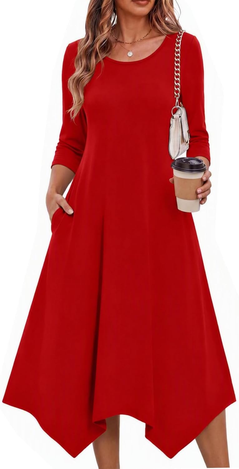 Zeagoo Midi Dresses Women 2026 Dress 3/4 Sleeve A Line Casual Dresses with Pockets