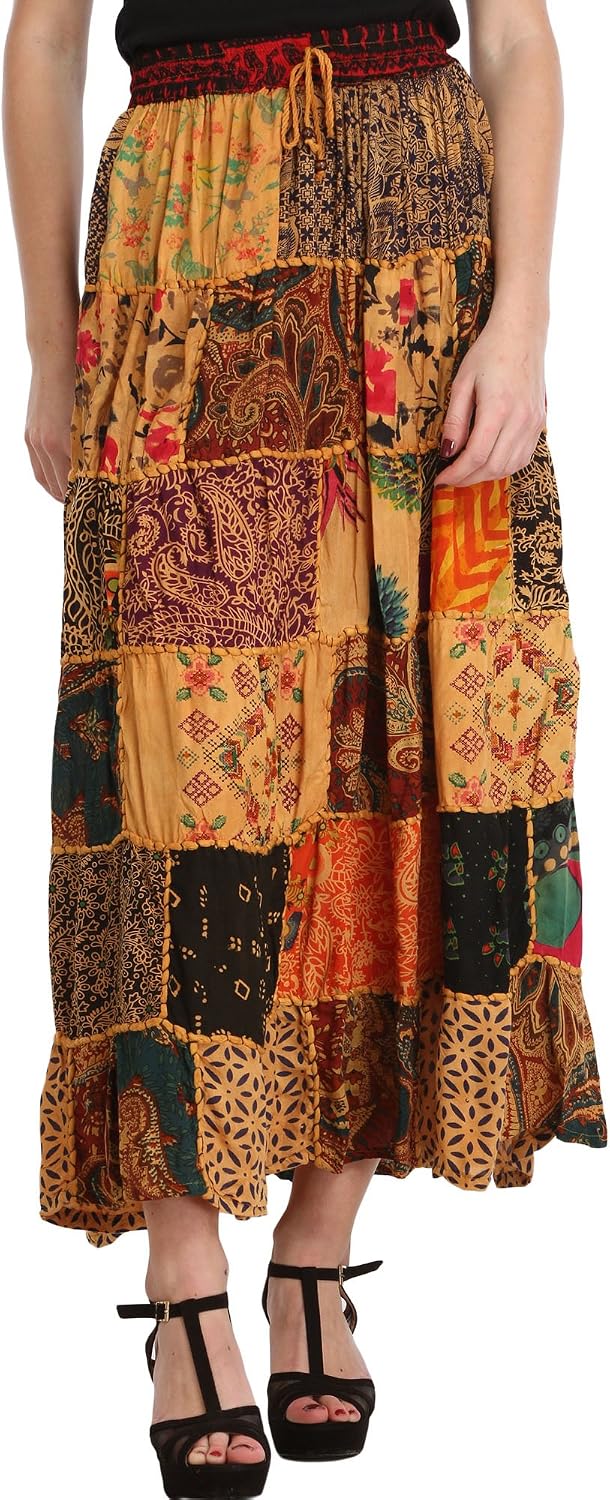 Exotic India Long Printed Dori Skirt from Gujarat with Patch Work - Rayon