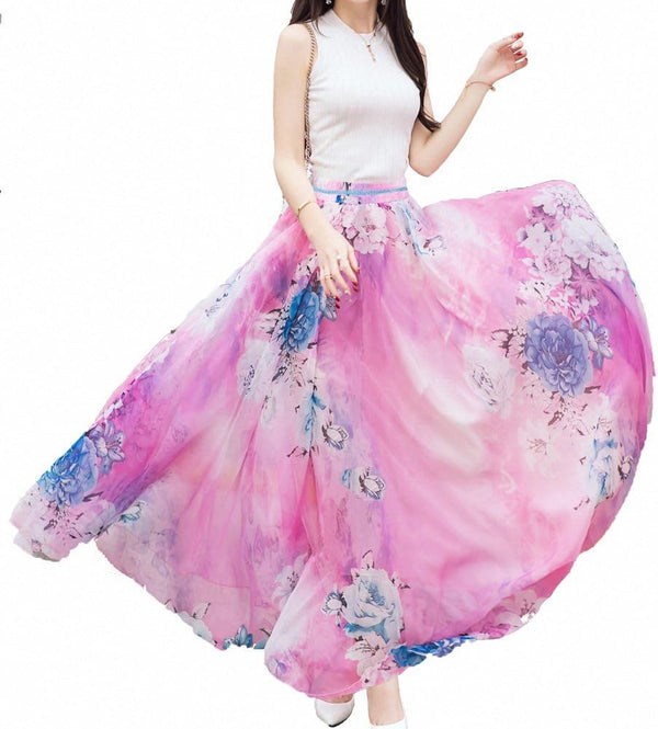 Women Full/Ankle Length Blending Maxi Chiffon Long Skirt Beach Skirt