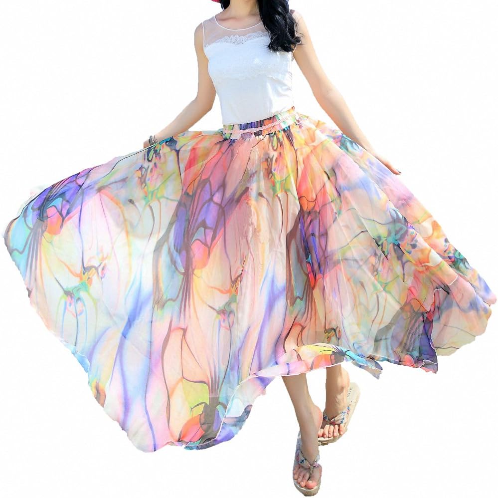 Women Full/Ankle Length Blending Maxi Chiffon Long Skirt Beach Skirt