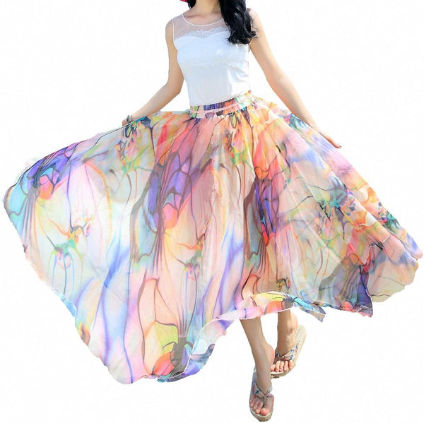 Women Full/Ankle Length Blending Maxi Chiffon Long Skirt Beach Skirt