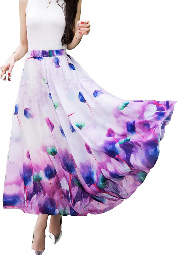 Women Full/Ankle Length Blending Maxi Chiffon Long Skirt Beach Skirt