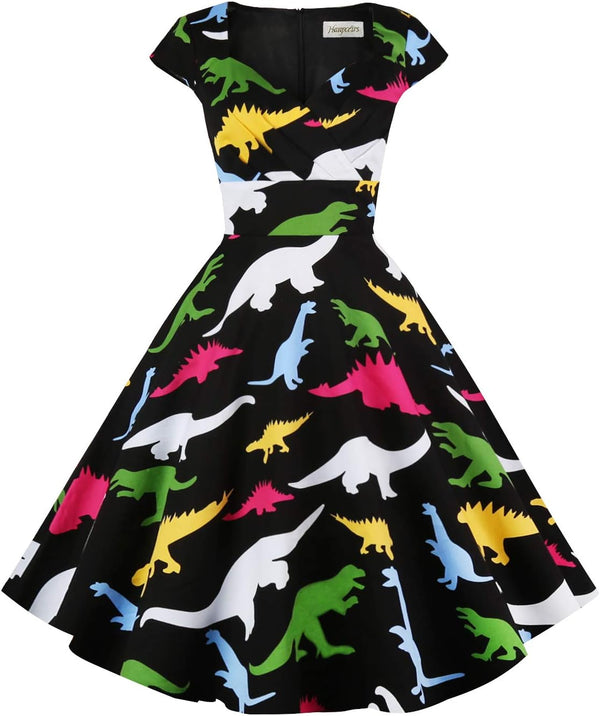 Women's Cap Sleeve 1950s Retro Vintage Cocktail Swing Dresses with Pocket