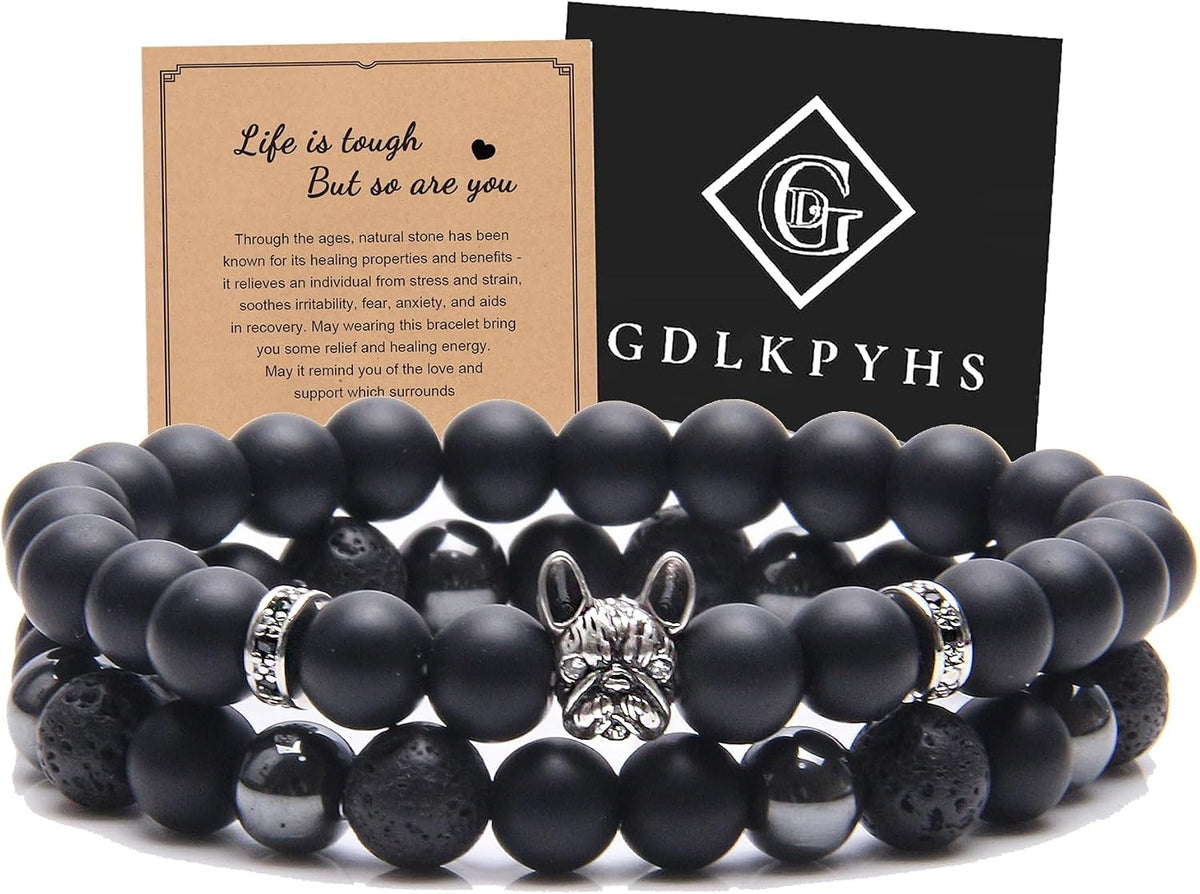 Black Obsidian Bracelet for Men - Black Tourmaline Beaded Bracelets - Mens Bracelet Set 8MM Black Onyx Hematite Lava Stone Beads Triple Protection Bracelet for Men Women Gifts