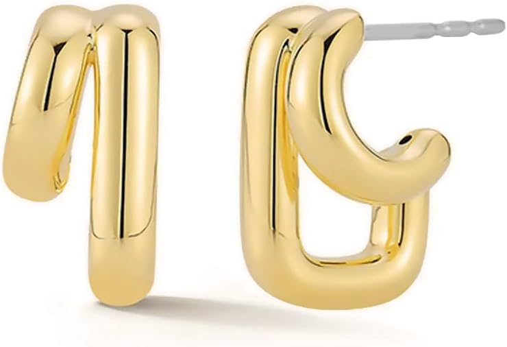 14K Gold Plated Illusion Stud Earrings for Women | Triple Huggie Hoop Earrings for One Hole| Trendy Simple Hypoallergenic Fashion Accessories Gold