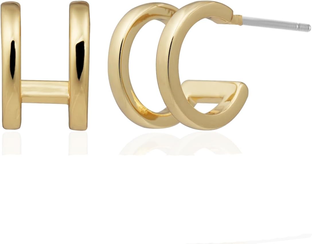 14K Gold Plated Illusion Stud Earrings for Women | Triple Huggie Hoop Earrings for One Hole| Trendy Simple Hypoallergenic Fashion Accessories Gold