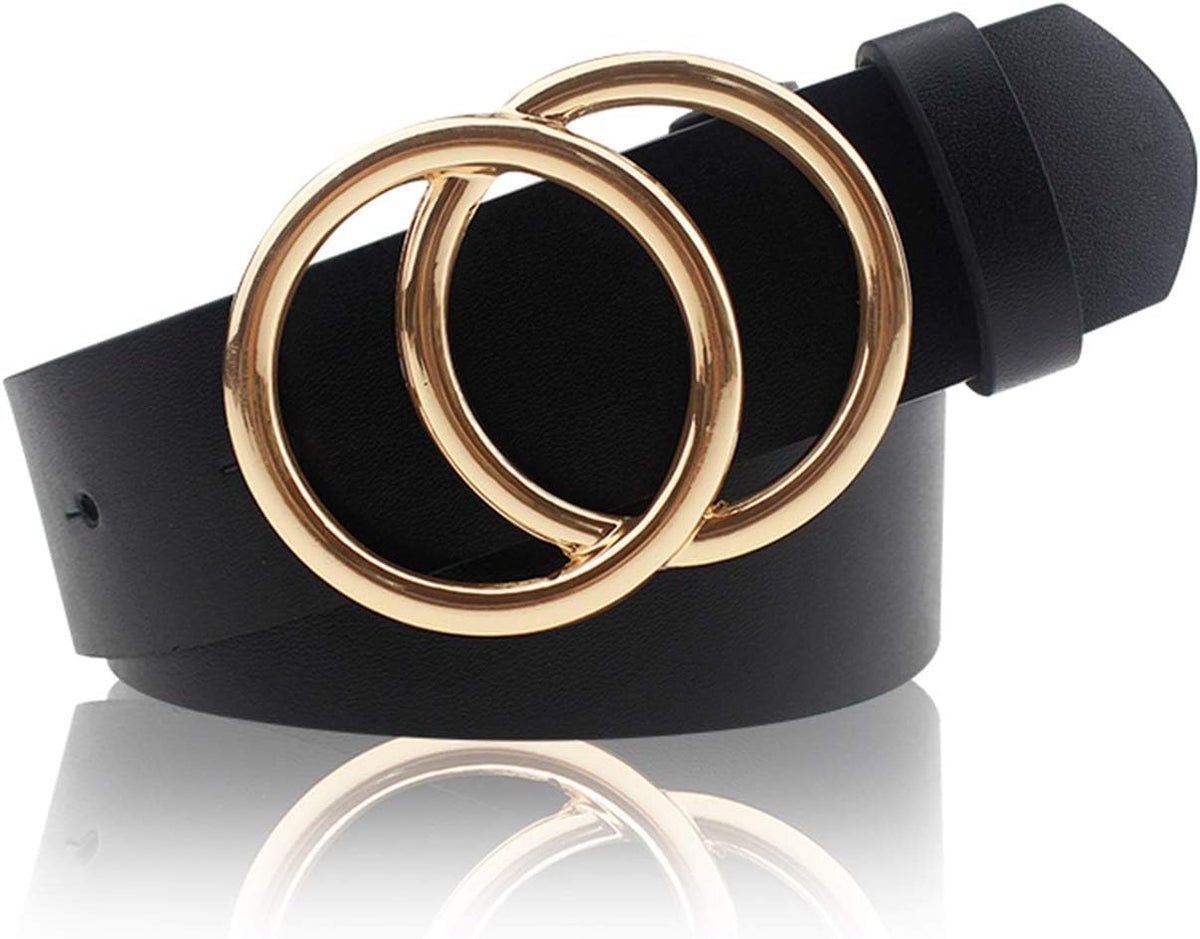 Women's Pu Leather Belt Double O Ring Soft Faux Leather Waist Belt