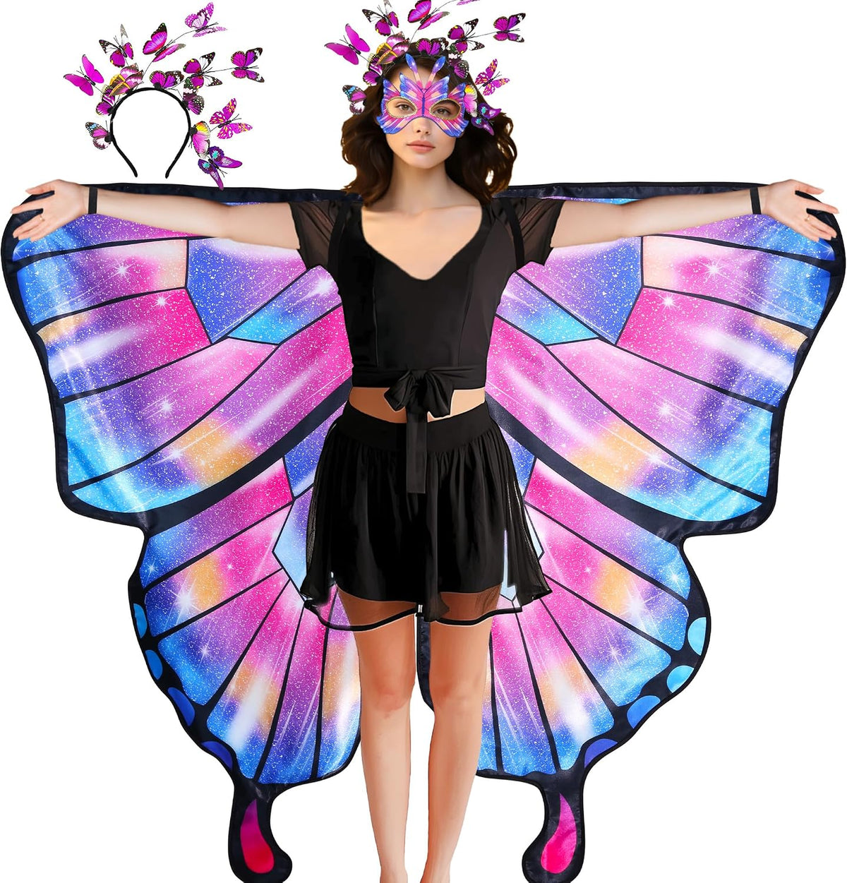 D.Q.Z Double Sided Women Butterfly Wings Costumes for Adults Fairy Music-Festivals with Headband Halloween Cosplay Party