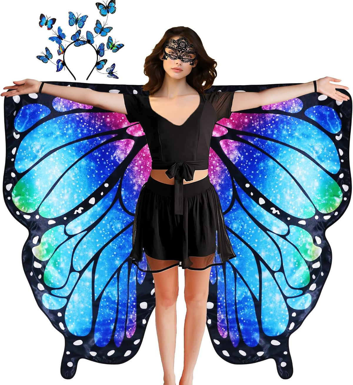 D.Q.Z Double Sided Women Butterfly Wings Costumes for Adults Fairy Music-Festivals with Headband Halloween Cosplay Party