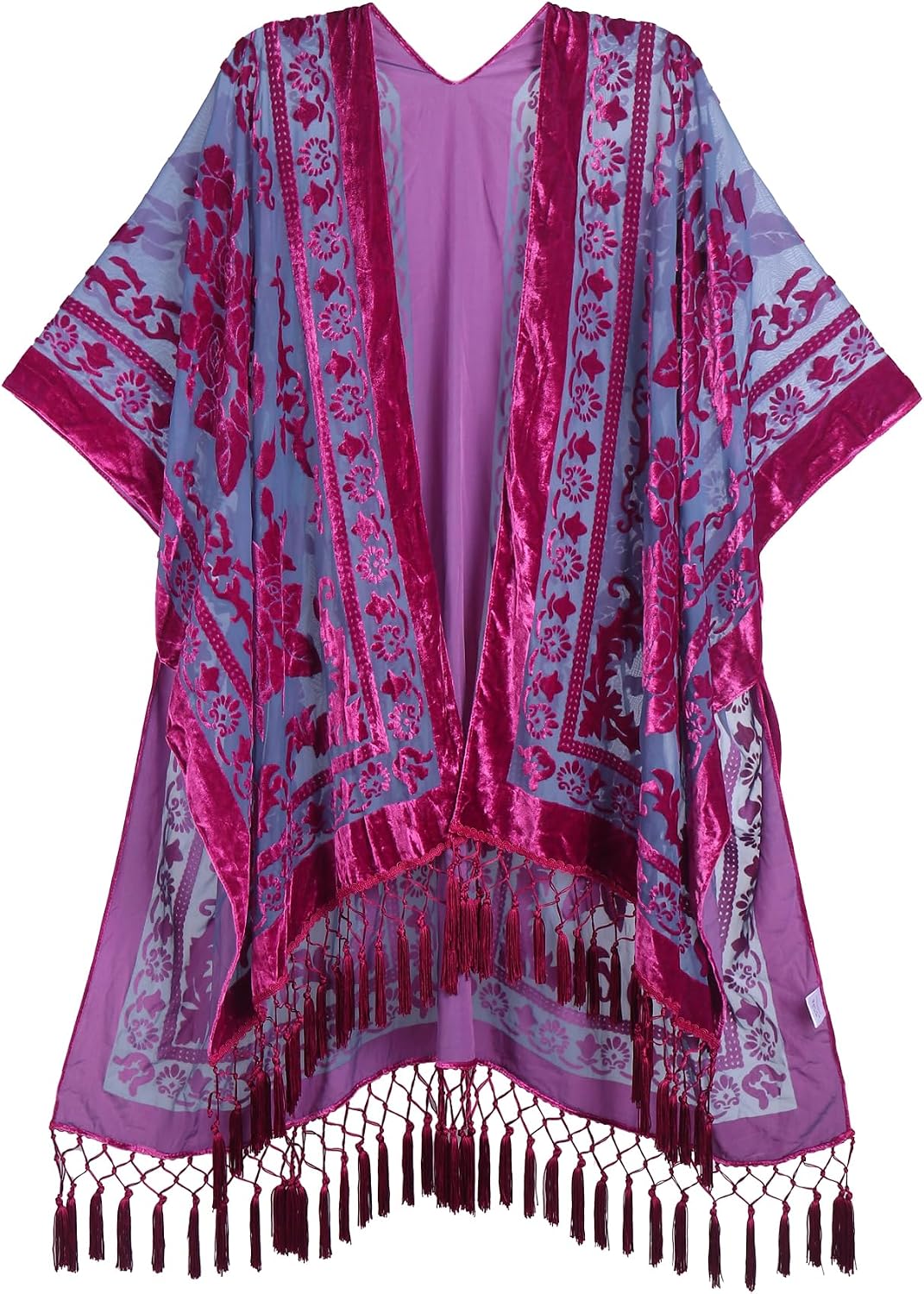 Women's Burnout Velvet Kimono Long Cardigan Cover Up With Tassel