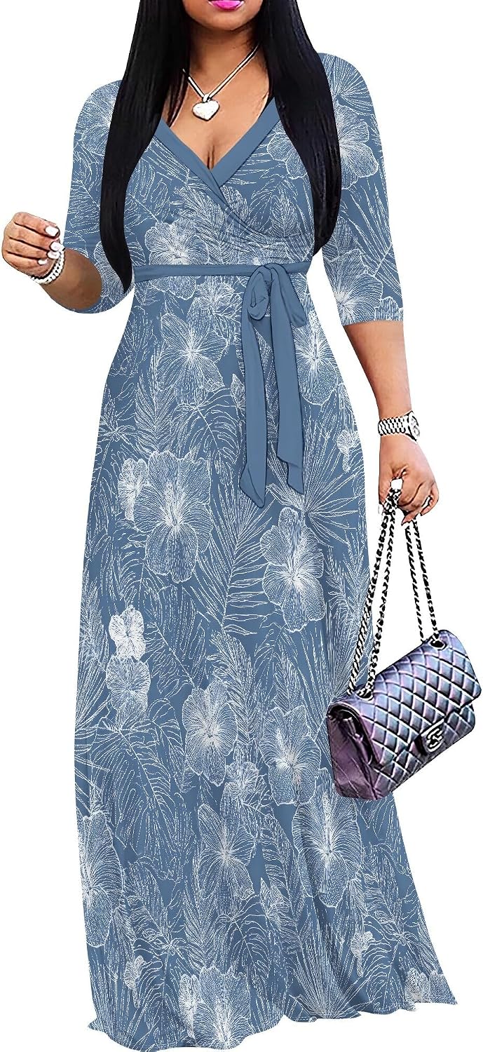 PinkPatty Women's Plus Size V Neck 3/4 Sleeve Boho Maxi Dress with Pockets