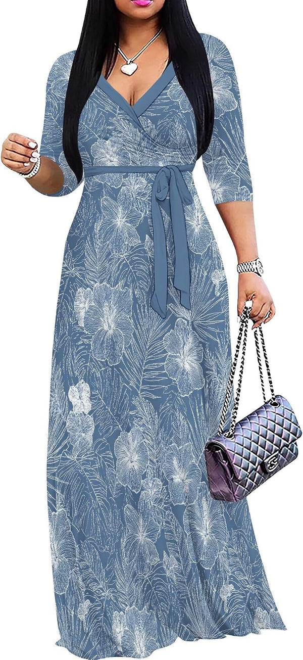 PinkPatty Women's Plus Size V Neck 3/4 Sleeve Boho Maxi Dress with Pockets