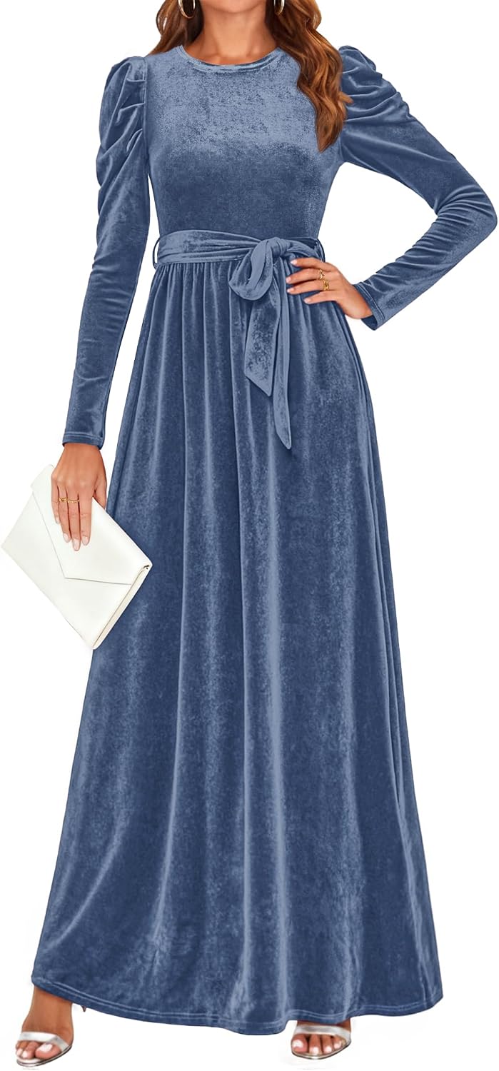 ZESICA Womens Winter Velvet Long Puff Sleeve Maxi Dress