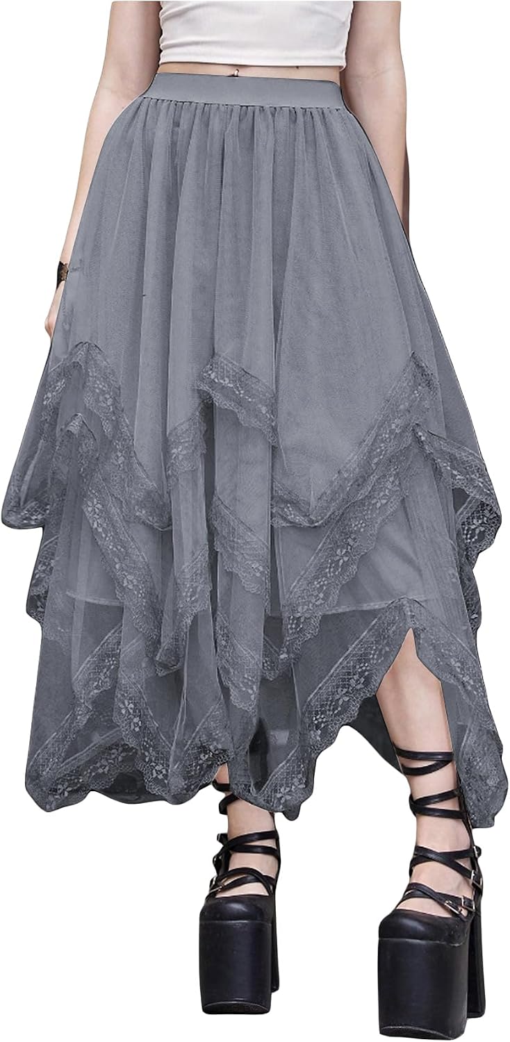 SHENHE Women's Lace Trim Layered Mesh Tulle Skirt Asymmetrical Goth Skirt