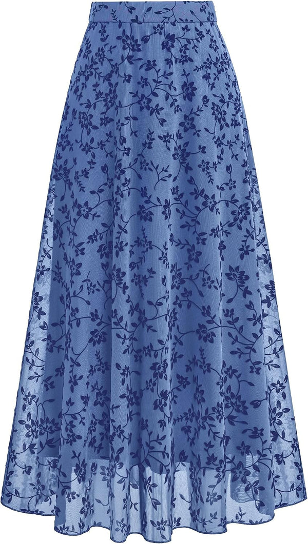 BTFBM Womens Floral Mesh Maxi Skirts Long Tulle Skirt