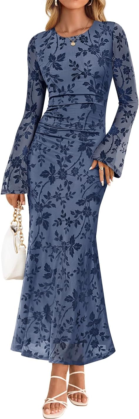 ZESICA Womens Long Sleeve Floral Fall Bodycon Ruched Mesh Maxi Formal Dress