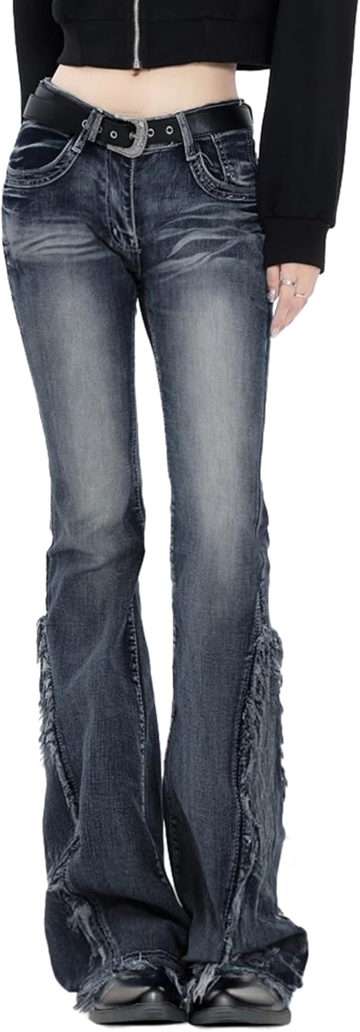 Women Bell Bottom Jeans Stretchy Flare Mid Rise Embroidery Vintage