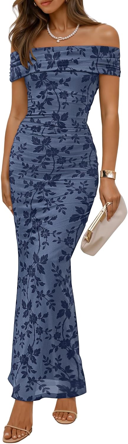 ZESICA Women's Summer Off Shoulder Floral Bodycon Ruched Maxi Formal Dress