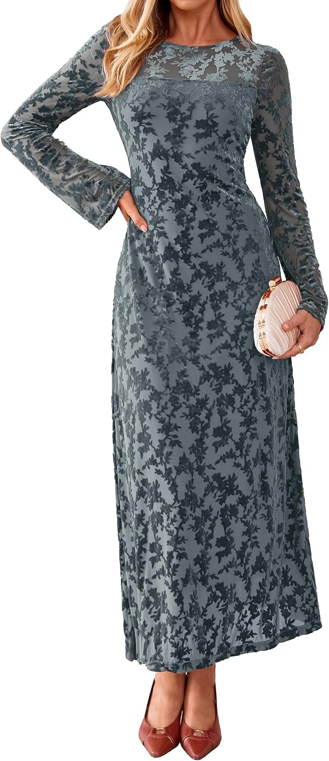 Simplee Womens Velvet Long Sleeve Fall Formal Wedding Guest Maxi Dress