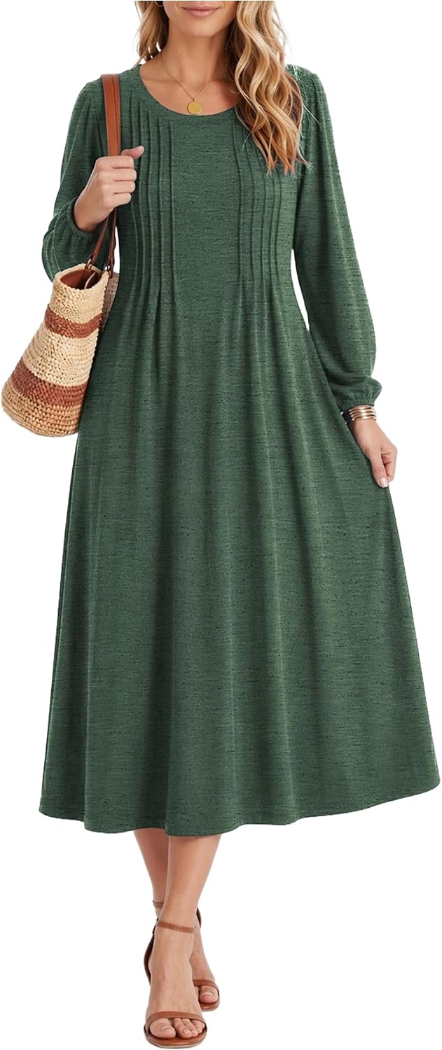 Zeagoo Fall Dresses for Women Long Sleeve Midi Dress Casual A Line Dresses 2026 Pleated Flare Dress with Pockets