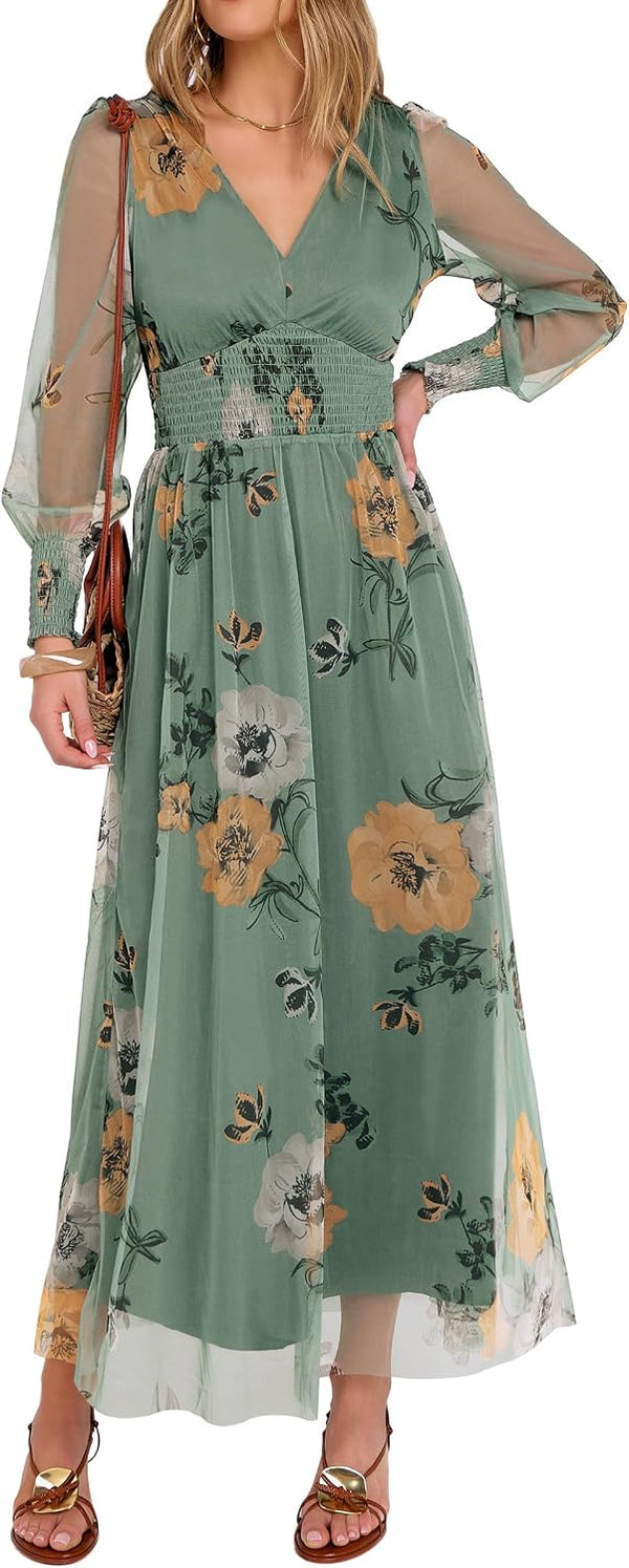 ANRABESS Women's Fall Wedding Guest Tulle Floral Long Sleeve Maxi Dress