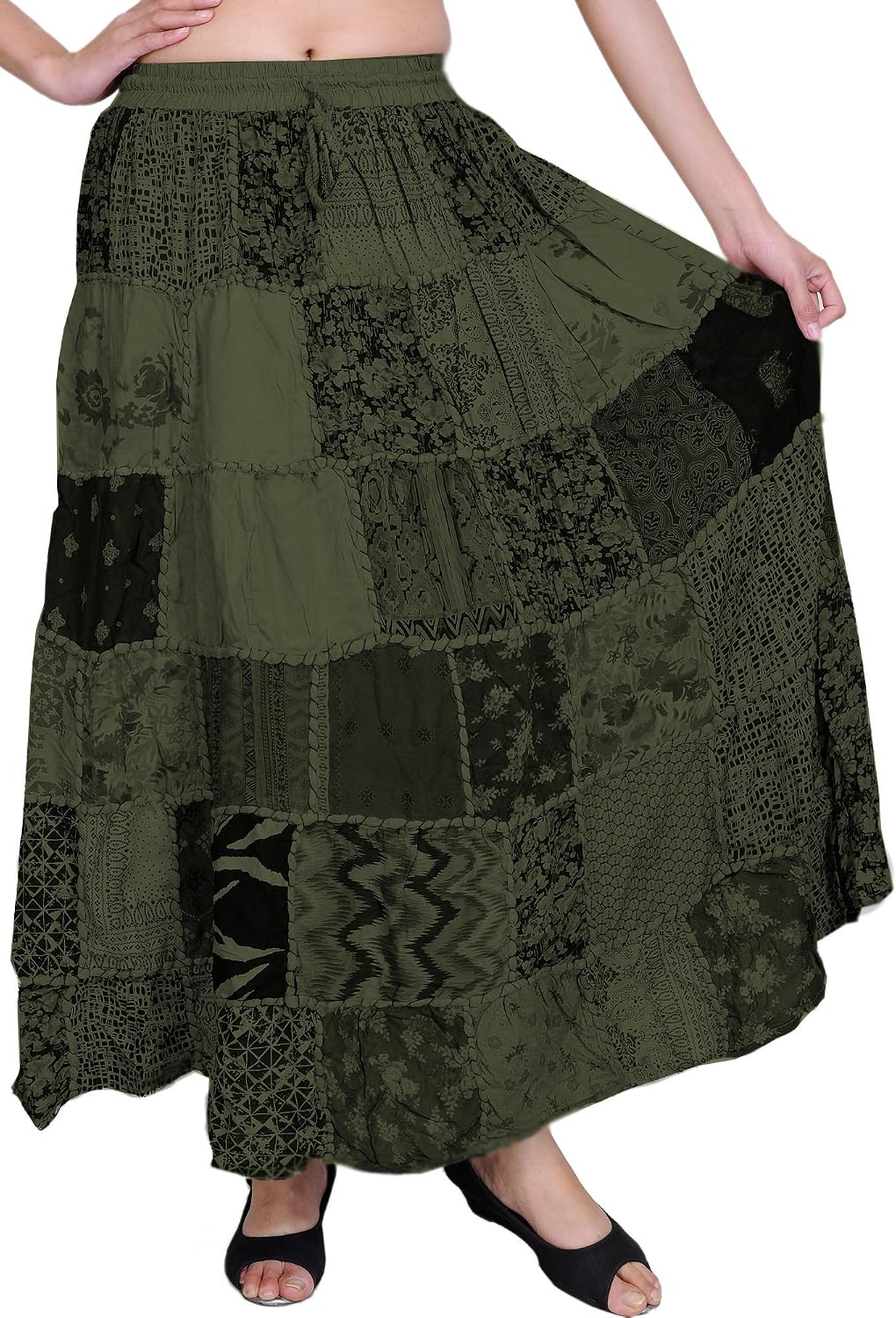 Exotic India Long Printed Dori Skirt from Gujarat with Patch Work - Rayon