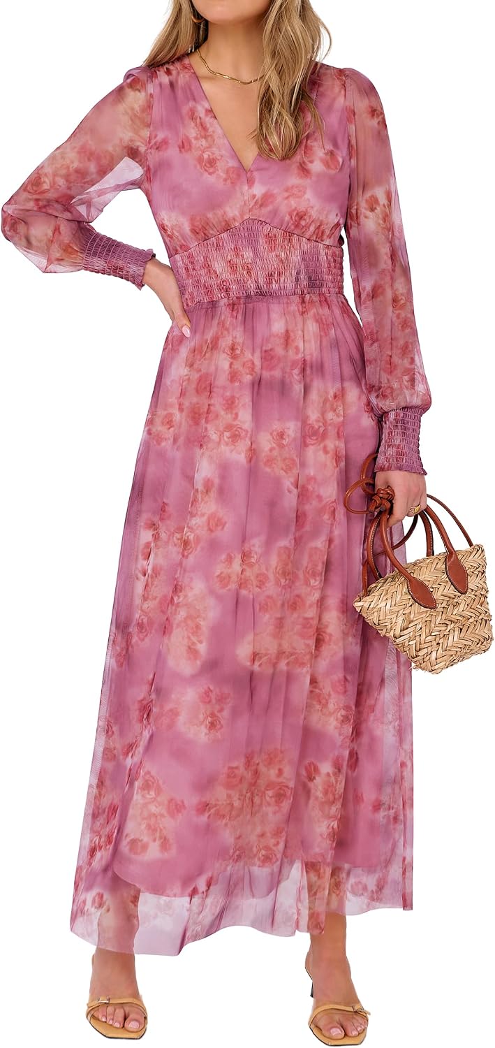 ANRABESS Women's Fall Wedding Guest Tulle Floral Long Sleeve Maxi Dress Secondary image