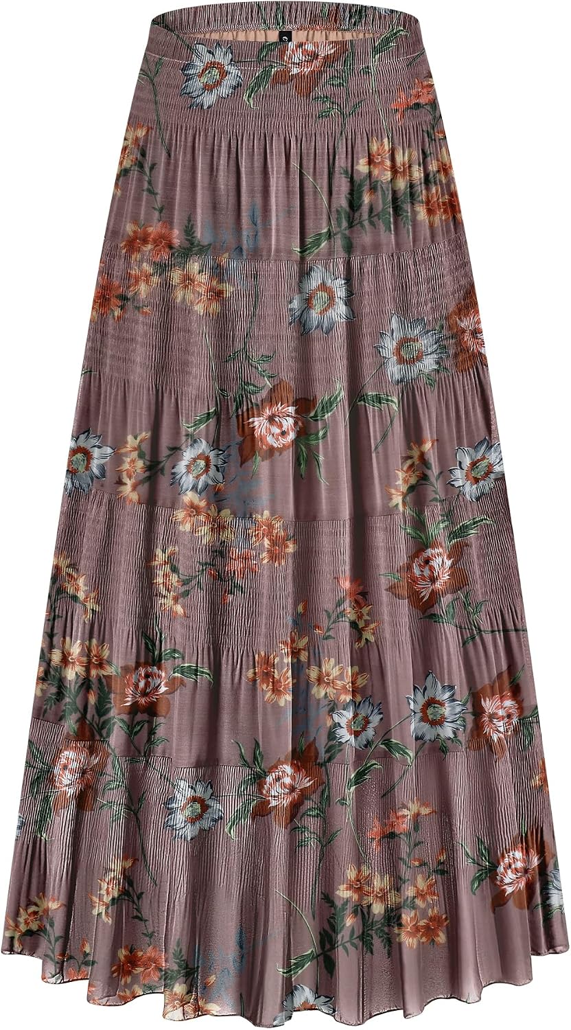 CYiNu Women's Chiffon Elastic High Waist Tiered Pleated Floral Printed A-Line Boho Long Maxi Skirts