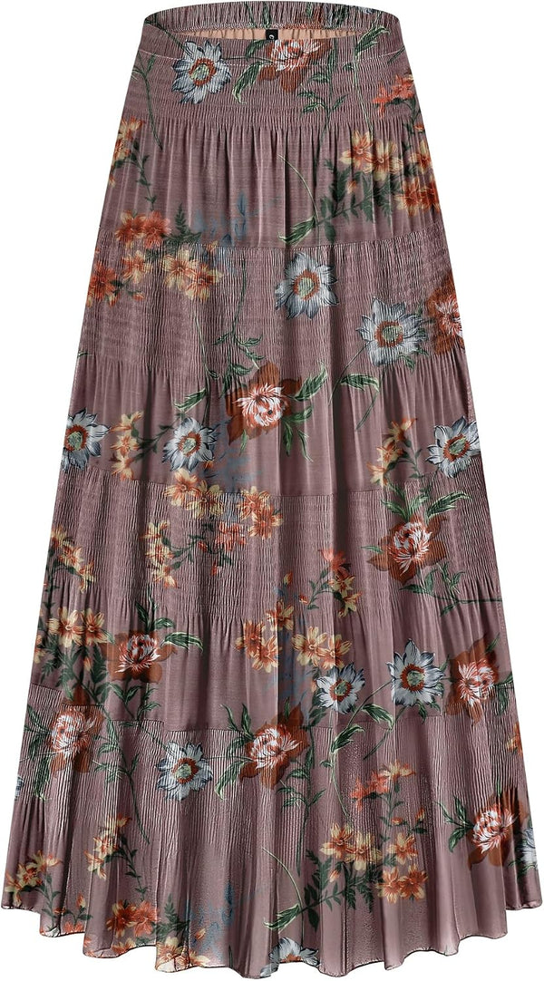 CYiNu Women's Chiffon Elastic High Waist Tiered Pleated Floral Printed A-Line Boho Long Maxi Skirts
