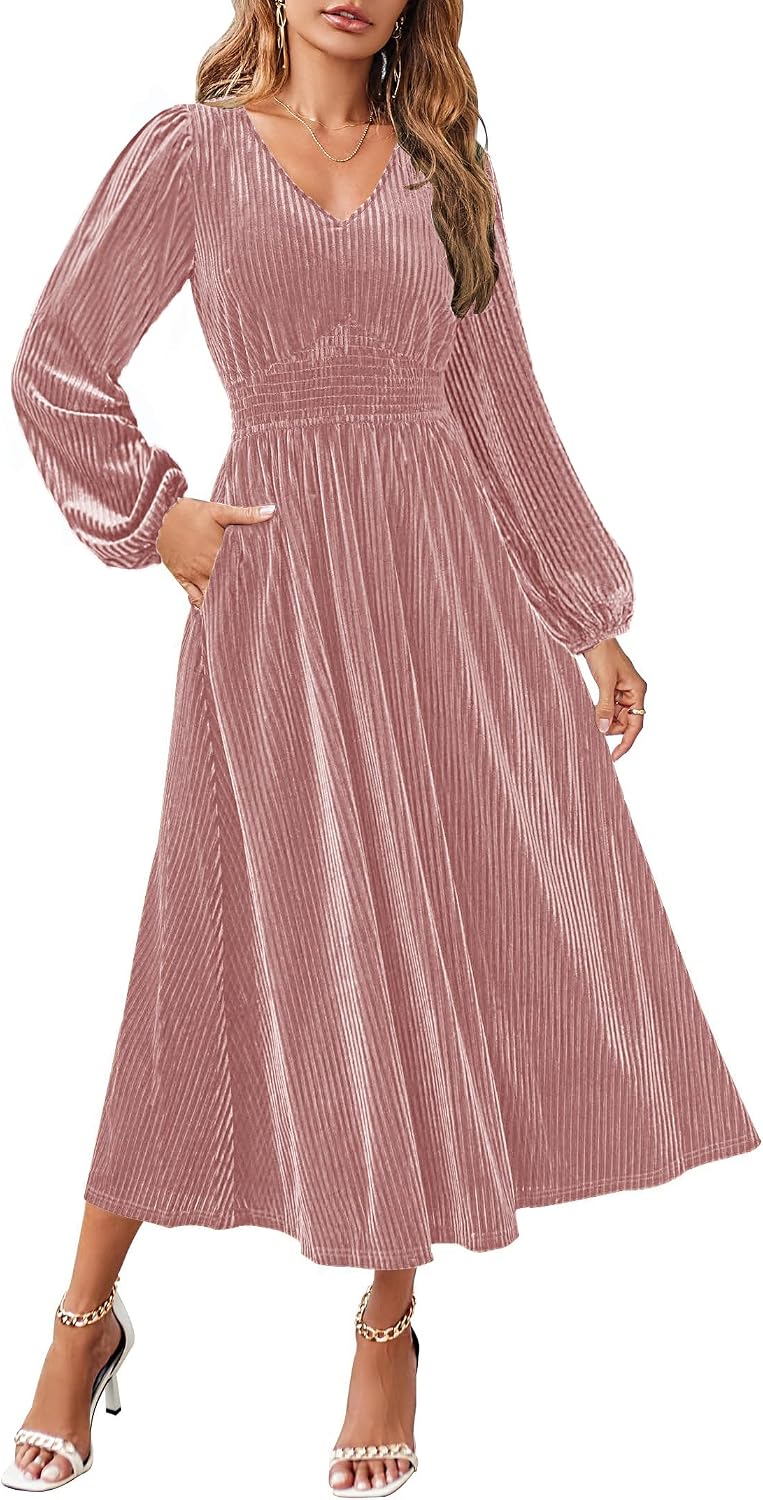 ZESICA Women's Velvet Wedding Guest Cocktail Long Sleeve Winter Dress